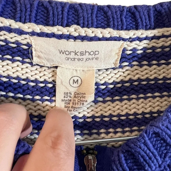 Workshop Andrea Jovine Chunky Knit Full Zip Sweater Medium Purple White Striped - Picture 6 of 6